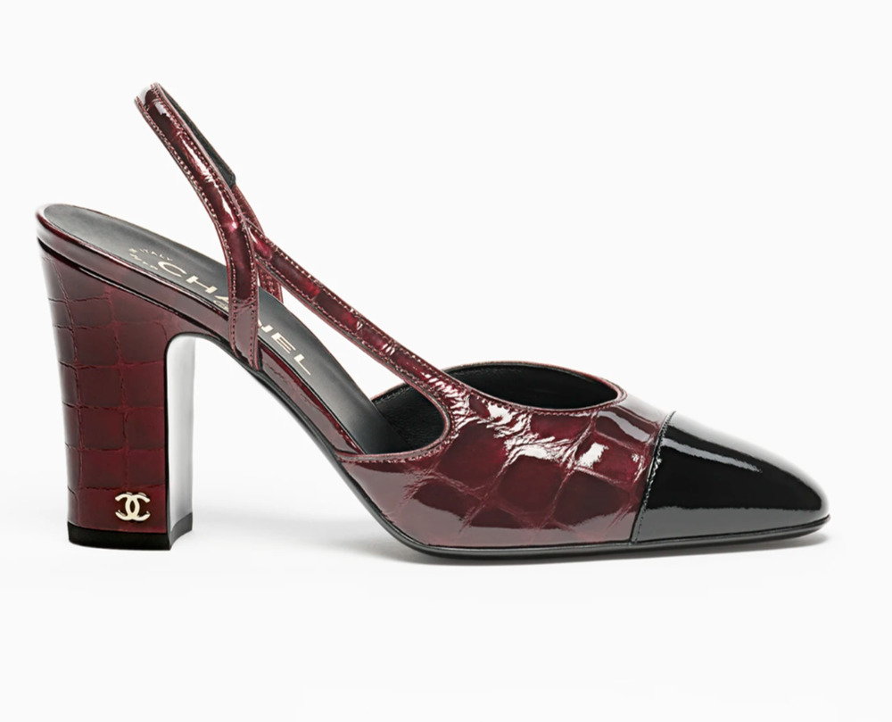 Chanel 26A Burgundy Black Crocodile Coco Sling Slingback Block Heel Pump 41c